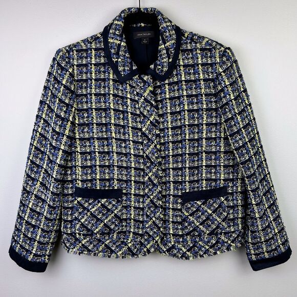 Ann Taylor Tweed Blazer Jacket Blue Green Cream Plaid Zip Front Collared 12 EUC - Picture 3 of 15